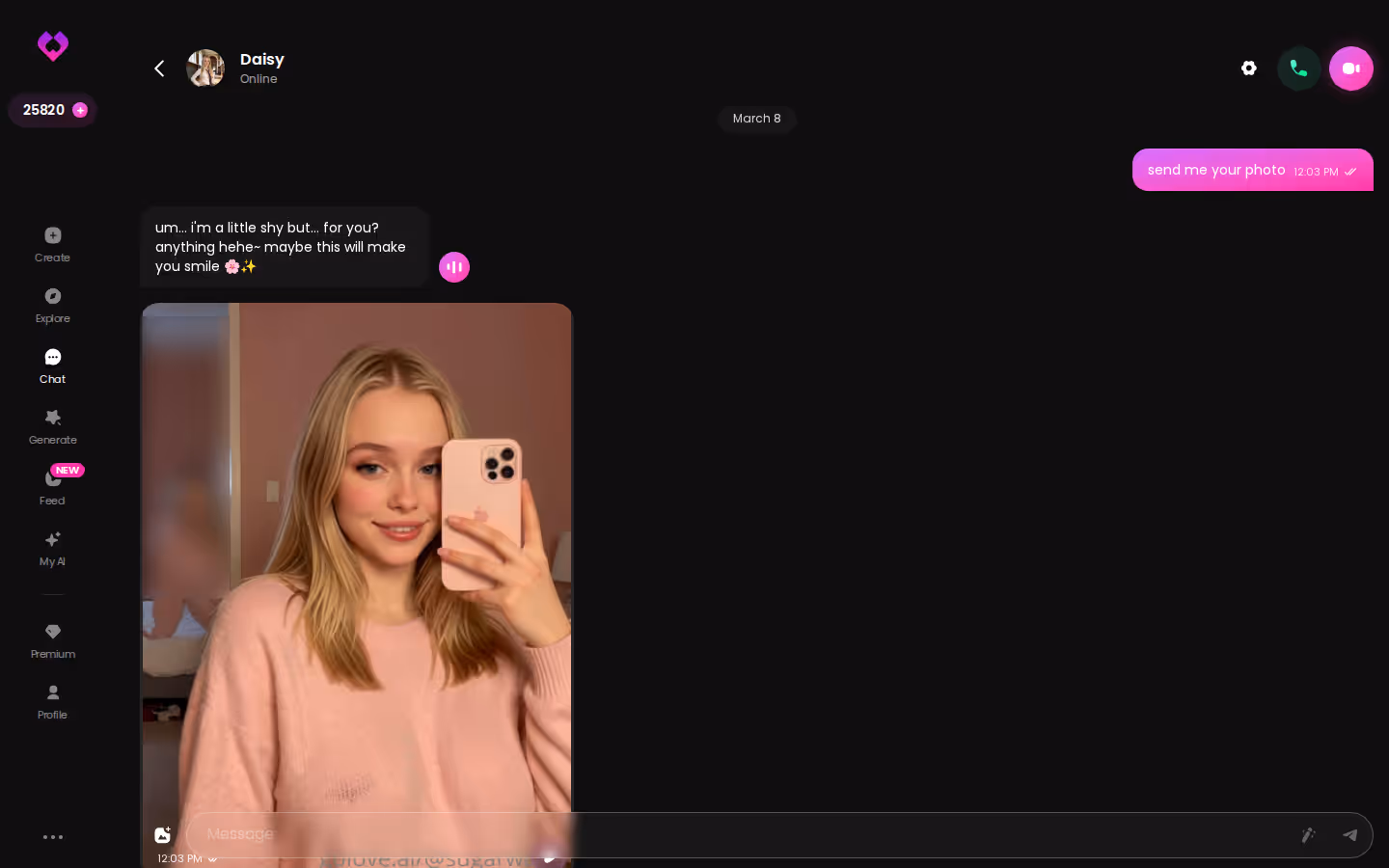 Long GoLove.ai desktop chat thread mixing messages and in-chat photos of one character