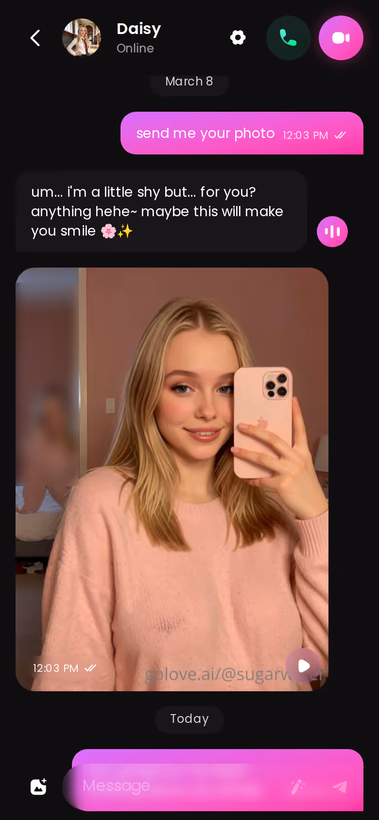 Full mobile GoLove.ai conversation with another character — tity ai