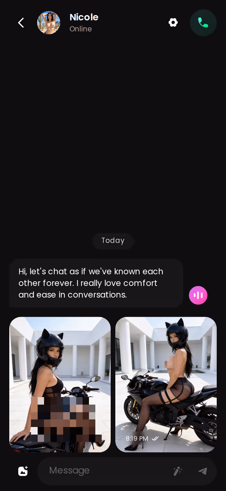 Mobile GoLove.ai chat thread with photo exchange — tity ai