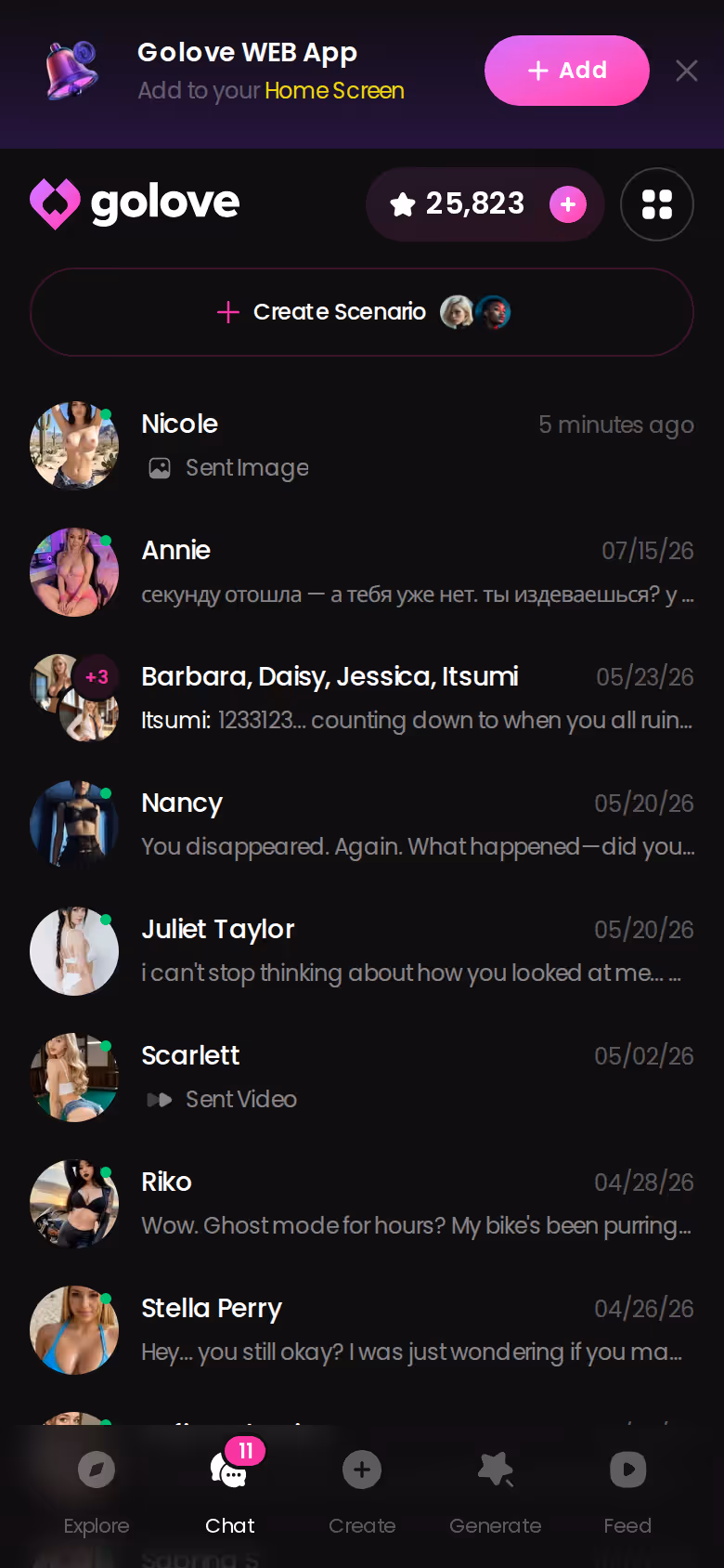 GoLove.ai chats list on mobile showing multiple ongoing conversations with last-message previews