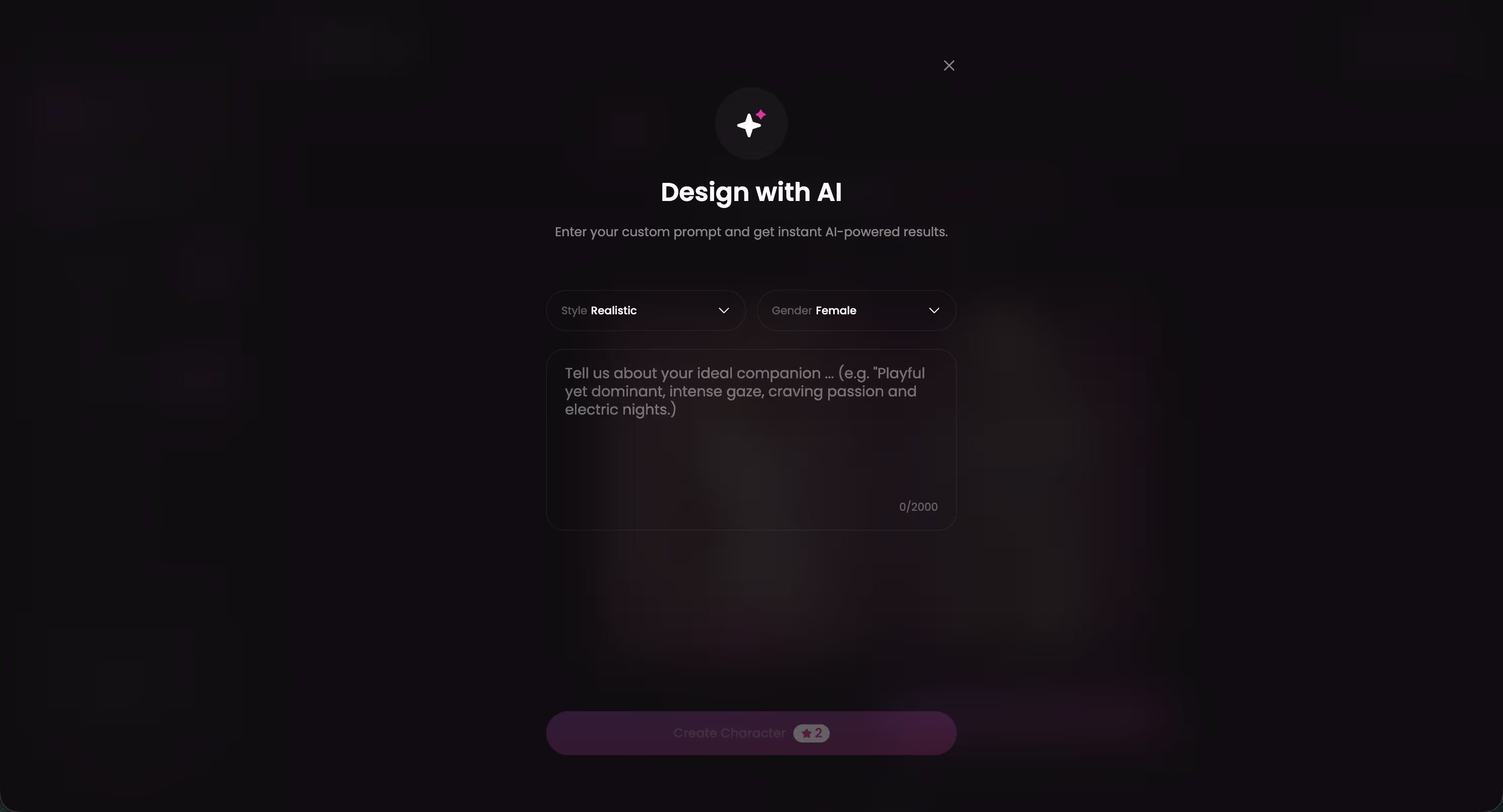 GoLove.ai Design with AI screen where a typed description becomes a custom AI girlfriend