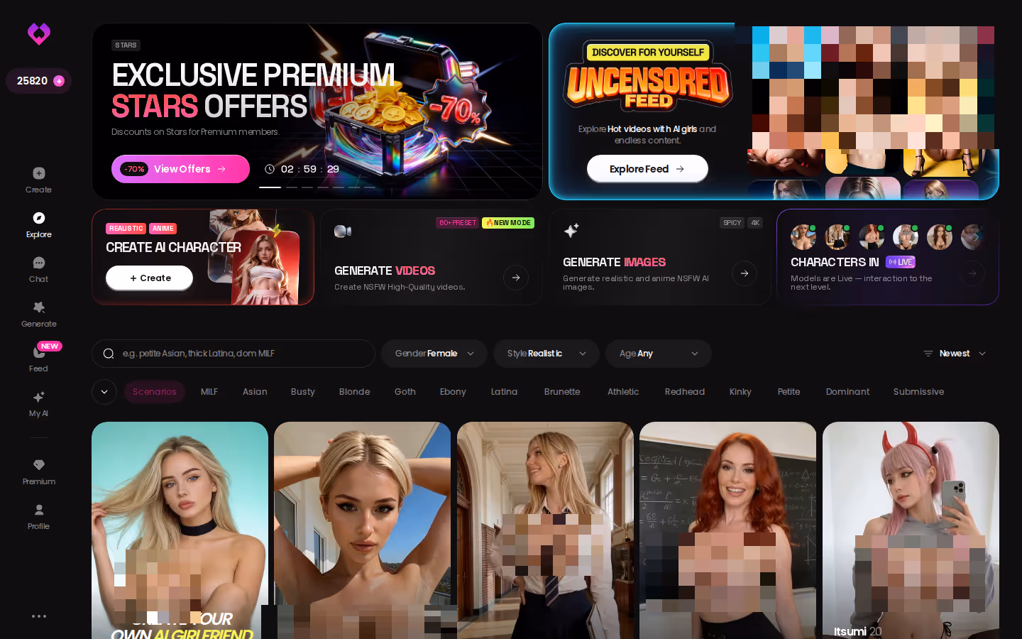 GoLove.ai Explore page with tag chips filtering realistic AI girlfriend characters