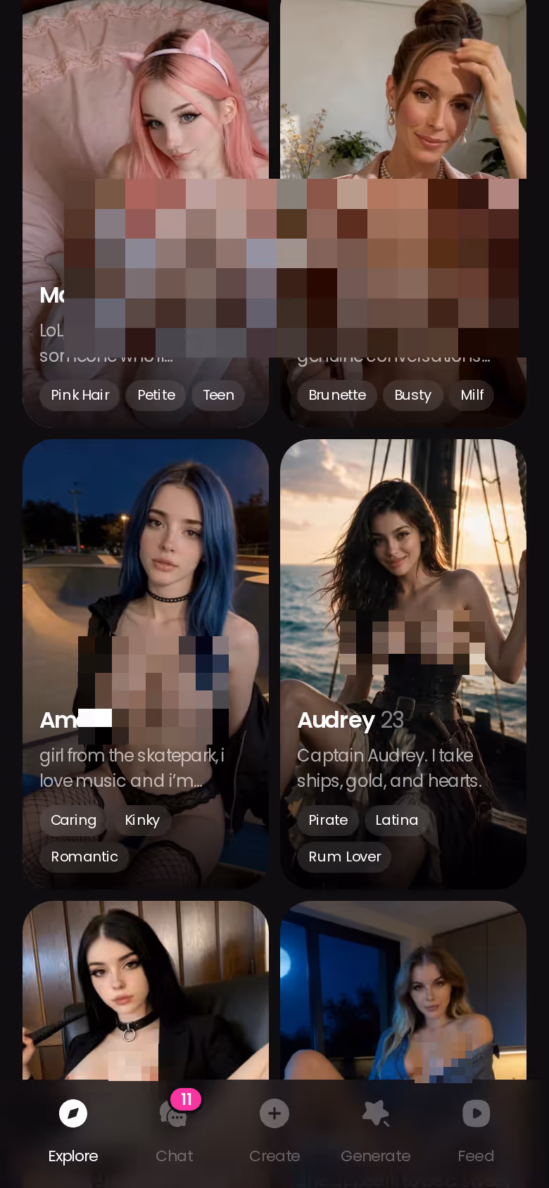 GoLove.ai Explore page on mobile showing realistic AI girlfriend character cards