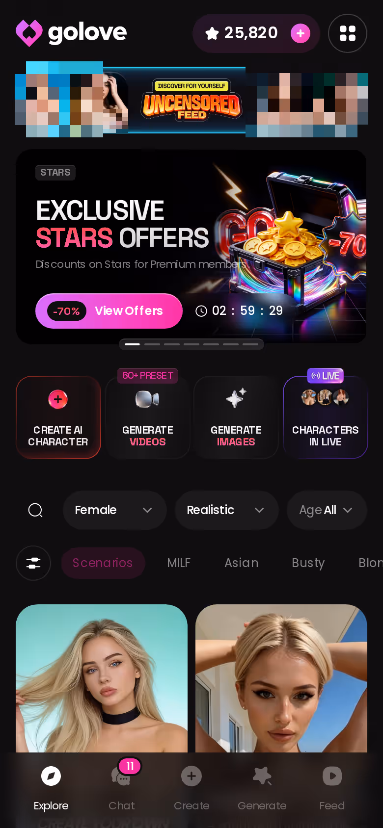 GoLove Explore on mobile with the realistic filter and tag chips active