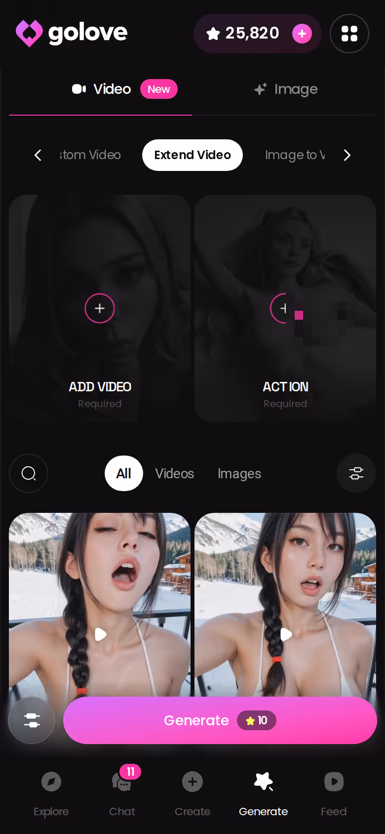 Extending a generated video clip on GoLove.ai mobile
