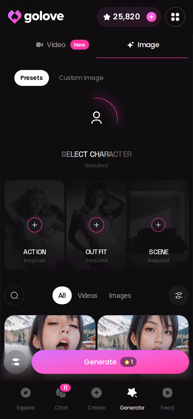 GoLove Image mode on mobile with pose, outfit and background presets
